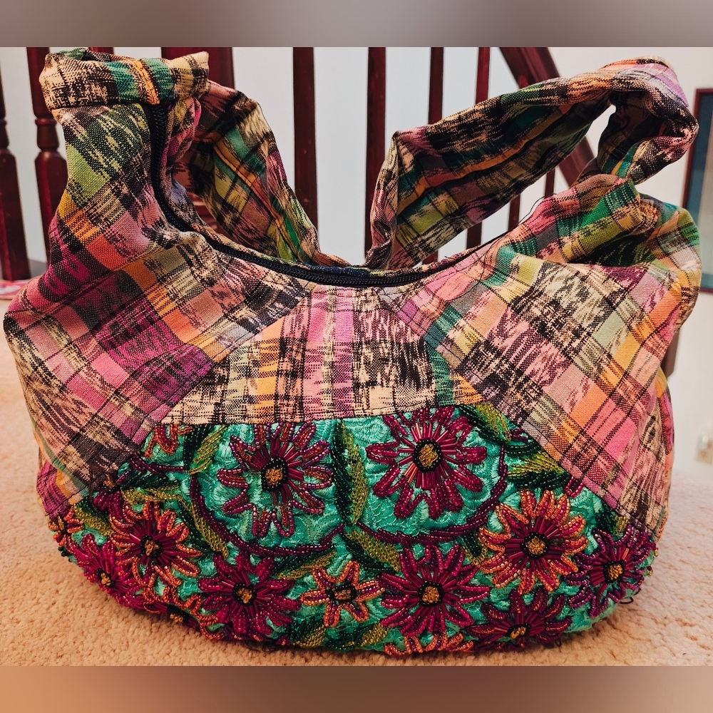 Vtg Patchwork Multi Pattern Double Sided Beaded E… - image 2